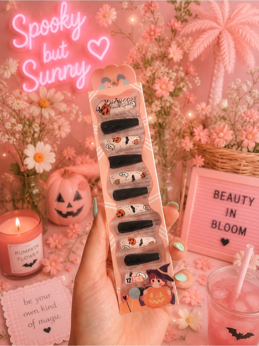 Summerween Halloween Ghost & Candy Press-On Nails — Black & White